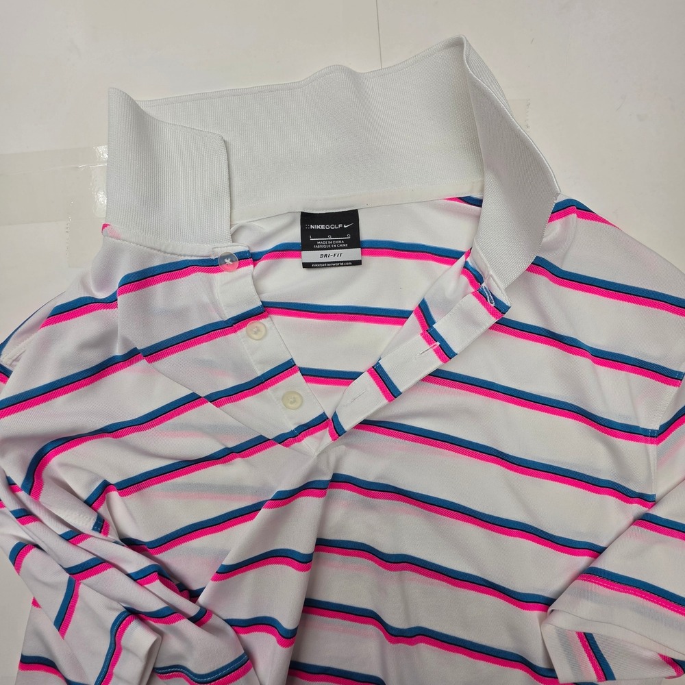 Nike Golf Dri-FIT Mens Large White Pink Blue Striped Polo Shirt 520560-101 - Picture 12 of 12